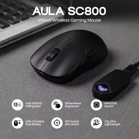 AULA SC800 Gaming Mouse Adjustable 26000DPI PAW3395 Sensor 8000 Polling Rate Dual-mode Wireless Mous