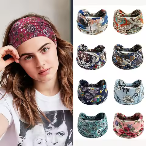 New Flower Print Design Wide Vintage Headbands Knot Elastic Turban Headwrap for Women Girls Soft Ban