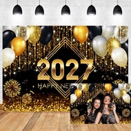 2027 Happy New Year Party Banner Backdrop Black and Gold Balloons Fireworks Glitter Bokeh Photograph