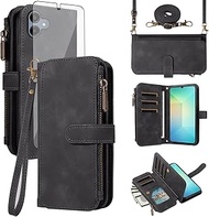 Asuwish Phone Case for Samsung Galaxy A06/A07 Zipper Wallet Cell Cover with Tempered Glass Screen Pr