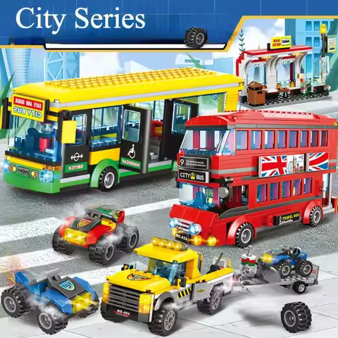 City Town Bus Station Center Double Bus Station Building Blocks Model Bricks Desktop Decoration Toys