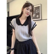 New Style Fashionable Women's Blouse with Color blocking Dolly Collar and Ice Silk Fabric 撞色娃娃领冰丝女衫新