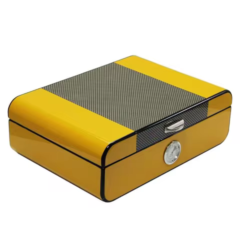Handcrafted Yellow Carbon Fiber Cohiba Cedar Humidor with Front Hygrometer Cigar Box Fit For About 3