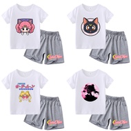 Sailors Moons Children's T-shirt and shorts 2-piece set, summer short sleeved cartoon casual sportsw