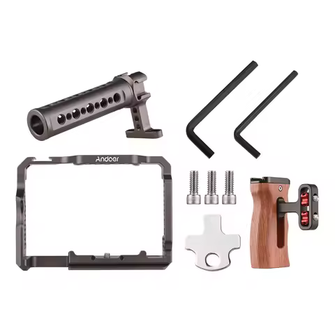 Andoer Aluminum Alloy Camera Cage Kit with Video Rig Top Handle Wooden Grip Replacement for Sony A7R