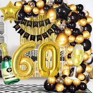 Adult 30th-80th Black Gold Balloons Gold Black Rain Curtain Happy Birthday Banner Wine Glass Birthda