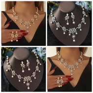 Elegant Branch Shape Pearl Necklace Earring Set, Bridal Dress Necklace Set