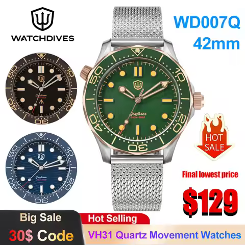 Watchdives WD007Q NTTD Quartz Watch VH31 Sweep Movement Grade 2 Titanium Men Watch Sapphire 200m Wat
