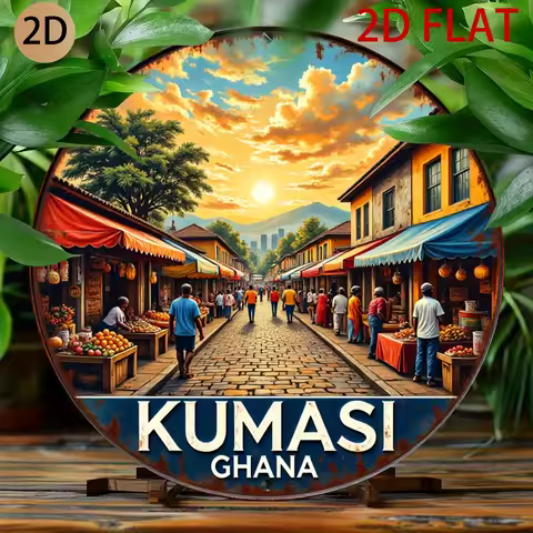 2D plane Circular retro tin metal sign depicting Kumasi Ghana market scene suitable for home wall de