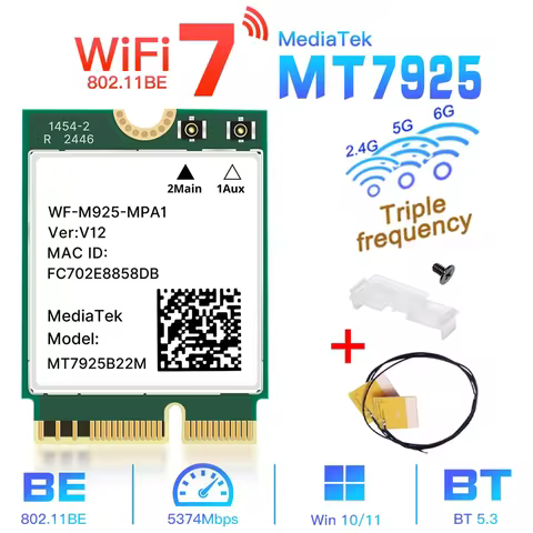 WiFi 7 MT7925 Network Card Bluetooth 5.4 M.2 NGFF Wireless Adapter 5400Mbps Tri Band 2.4G 5G 6GHz Wi