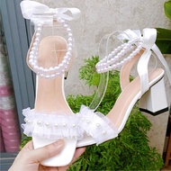 Giày cao gót nữ quai ngọc gót vuông 7 phân TRẮNG