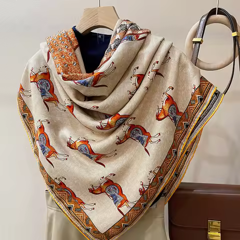 Double sided! Silk Wool Scarf Women's Designer Horse Silk Wraps and Shawls for Ladies 135cm Big Size