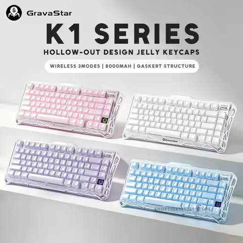 Gravastar Mercury K1 Series Pink White Wireless Gaming Mechanical Keyboard jelly Keycap 75% Bluetoot