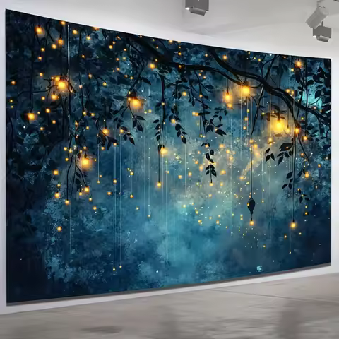 1pc Enchanting Firefly Forest Wall Tapestry - Polyester Art with Glowing Lanterns & Lush Greenery, P