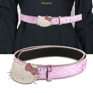 NICE Delicate Adjustable Kitten Head Buckle Belt Woman Harajuku Full Sequins Waist Belts Y2k Girls B