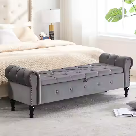 67" Storage Bench for Bedroom, Velvet End of Bed Bench, King Size Bench with Arms, Tufted Storage Ot