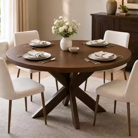 47" Round Dining Table For 4-6, Farmhouse Wood Kitchen Table With X Pedestal Base, Circle Table For 