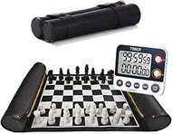 Roll Up Chess Set Portable Includes Travel Chess Mat with Chess Board Pieces and Dgt Chess Timer Clo