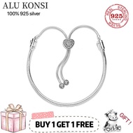 Fit Original luxury real 925 Sterling Silver pan bracelet love heart Snake Chain Charm Bangle For Women DIY high quality Jewelry