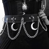 Gothic Waist Chain Wide Belt Multi Layer Chains And Crescent Moons Harness Belt Rave Outfit Y2K Punk