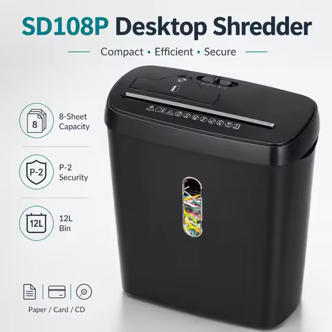 SD108P 8-Sheet Paper Shredder for Home Office, P-2 Strip Cut, Credit Card & CD Shredder, 12L Bin, Au