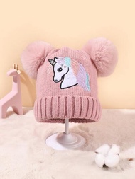 1頂中性兒童粉色獨角獸刺繡雙球毛線冬帽