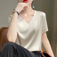 醋酸短袖T恤女23夏圓V領簡約半袖白色桑蠶絲真絲緞面內搭西裝上衣