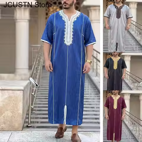 2026 Islamic Muslim Men's Thobe Arabic Ethnic Style Costume Middle Eastern Long Cross-Border Striped