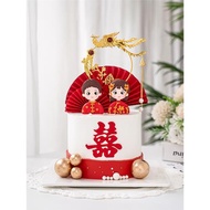 復古中式新郎新娘結婚婚禮婚慶鐵藝鳳凰插件紅囍字甜品臺擺件裝扮