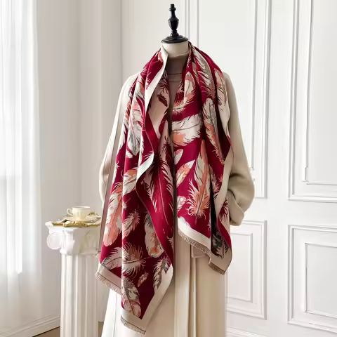 2025 Women's Luxury Brand Cashmere Winter Shawl - Feather Design with Tassels Pashmina Wrap Bandana