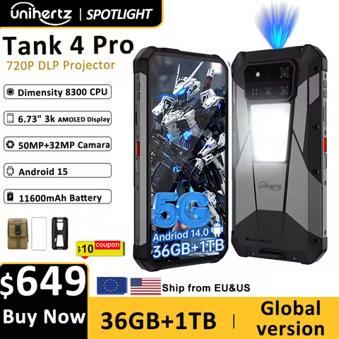Unihertz by 8849 Tank 4 pro 5G AI Rugged Phone Built-in 720P Projector Dimensity 8300 512GB/1TB ROM 