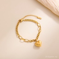 Not fade plated 18k gold heart spliced Cuban chain titanium steel bracelet for women