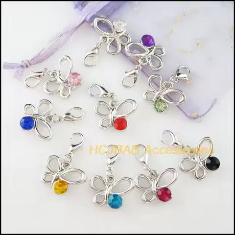20Pcs New Dull Silver Plated Mixed Crystal Animal Butterfly Star Hear Crown Charms With Lobster Claw