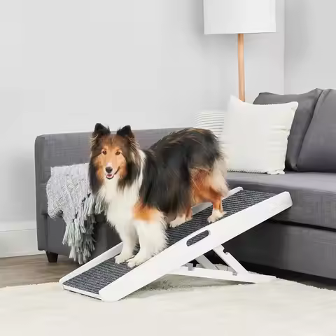39.5' Indoor Pet Ramp, White Collapsible Dog and Cat Ramp with Adjustable Height, Non-Slip Carpet Su