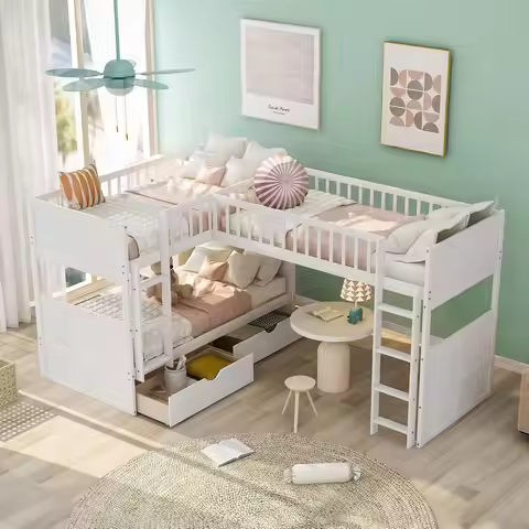 Triple Twin-Over-Twin-Over-Twin L-Shaped Bunk Bed with 2 Drawers & 2 Ladders No Box Spring Needed, C