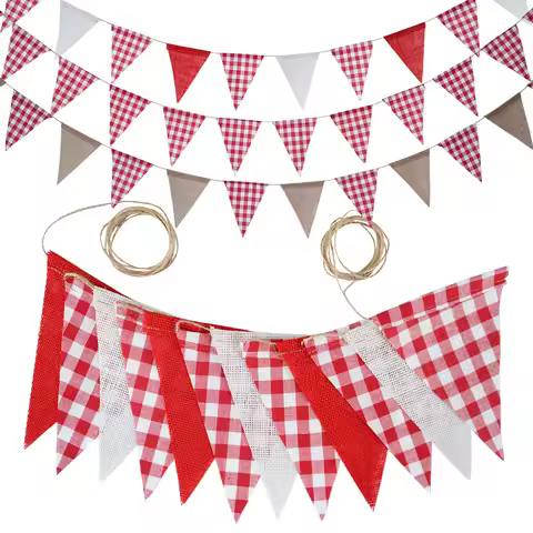 12 Flags Checked Fabric Pennant flags Hessian Wedding Party Decor Bunting Vintage Banners Home Baby 