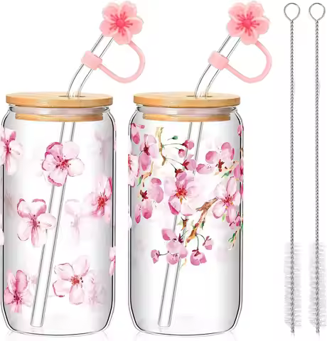 2 Sets Cherry Blossom Glass Cup 16 oz Aesthetic Sakura Coffee Cup with Bamboo Lid Glass Straw Cleani