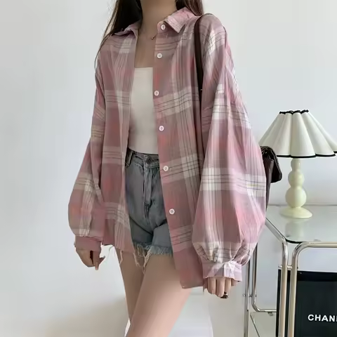 Women Tartan Shirt Long Sleeve Collared Button Up Oversized Plaid Shirt Jacket Grunge Fashion Teenag