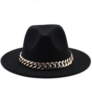 Womens's Hat Wide Brim Thick Gold Chain Band Classic Black Beige Felted Hat Panama Cowboy Jazz Men C