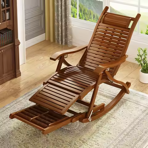 Comfortable Bamboo Lounge Chair for Adults Portable Balcony Recliner Rocking Chair for Nap Folding C