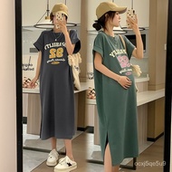 In Stock💗Plus Size Maternity Summer Dress Short Sleeve Dress Women's Fashionable with Side-Slit Trendy Mom T-shirt Korea