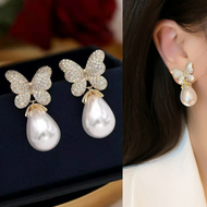 S925 Silver Needle Gold Butterfly Zircon Rhinestone Earrings Fashion Woman Girl Pearl Water Drop Earrings Korean Jewellery
