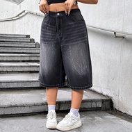 Women Plus Size Black Loose Fit Denim 7/8 Length Pants 4th Of July Look Fourth Of July Summer Vacati