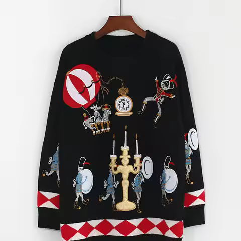 Winter Runway Sweater Women Luxury Brand Design Elegant Circus Soldiers Balloons Candles Embroidered