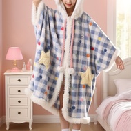 TEMU Winter Hooded Robe Blanket - Thickened Warmth 3/4 Sleeve Robe With Pockets, Checkered Cozy Hous