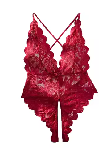 Red Hollow Combination Bodysuit Backless Strapless Costumes Mesh Lace One-piece Sleepwear Pajama Und