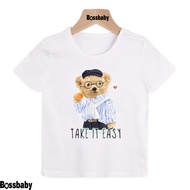 Baby shirt with the image of a bear man wearing a striped shirt and scarf, TAKE IT heart drop (boys 