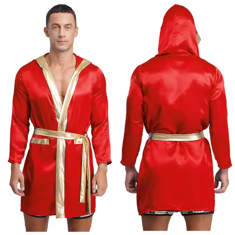 Men Halloween Carnival Boxer Cosplay Costume Long Sleeve Open Front Metallic Shiny Satin Boxing Robe