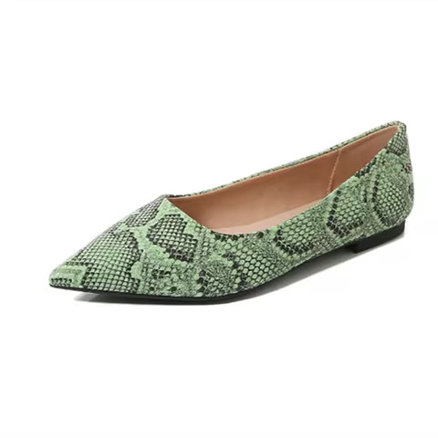 Women Plus Size Ballerina Snake Texture Novelty Flats Slip-Ons Pointed Toe Daily Moccasine Green Bro