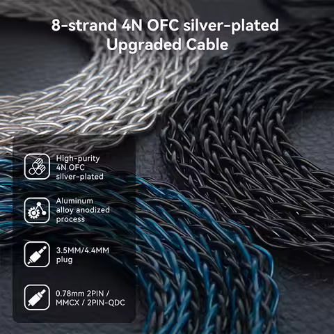 KBEAR ST12 Max 1.5m 8core OFC Silver-plated Wired Earphone Cable 2PIN/QDC/MMCX Earbuds Connector for